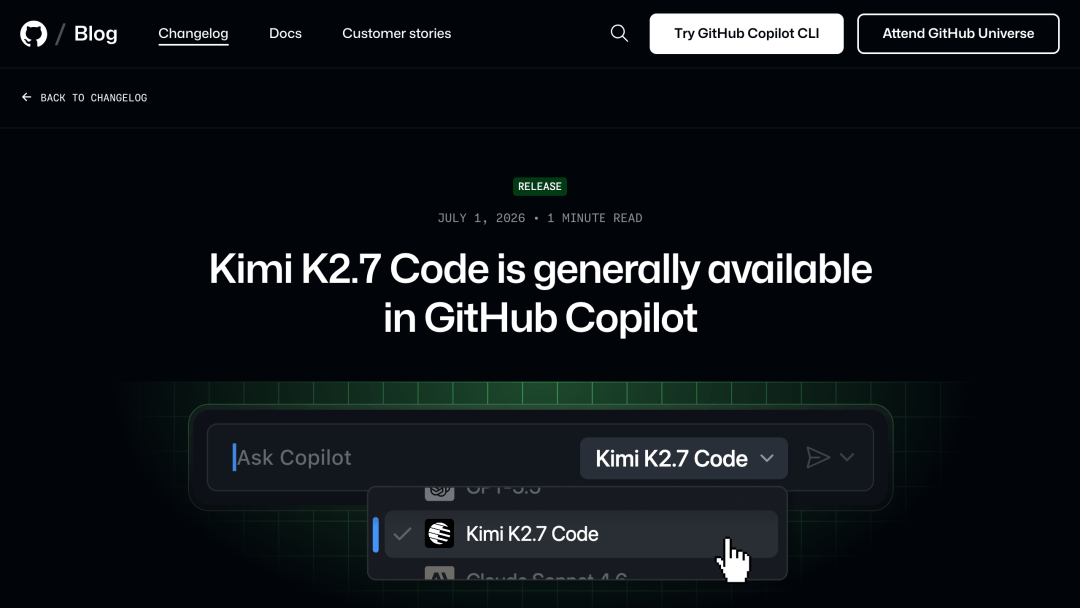 Kimi K2.7 Code 进入 GitHub Copilot 正式可用模型列表