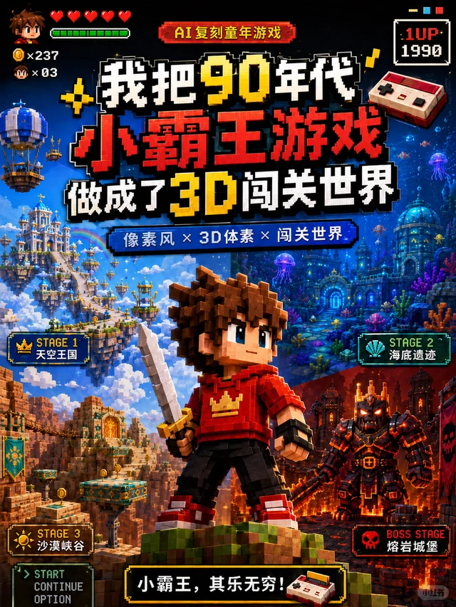 我把90年代小霸王游戏做成了3D闯关世界