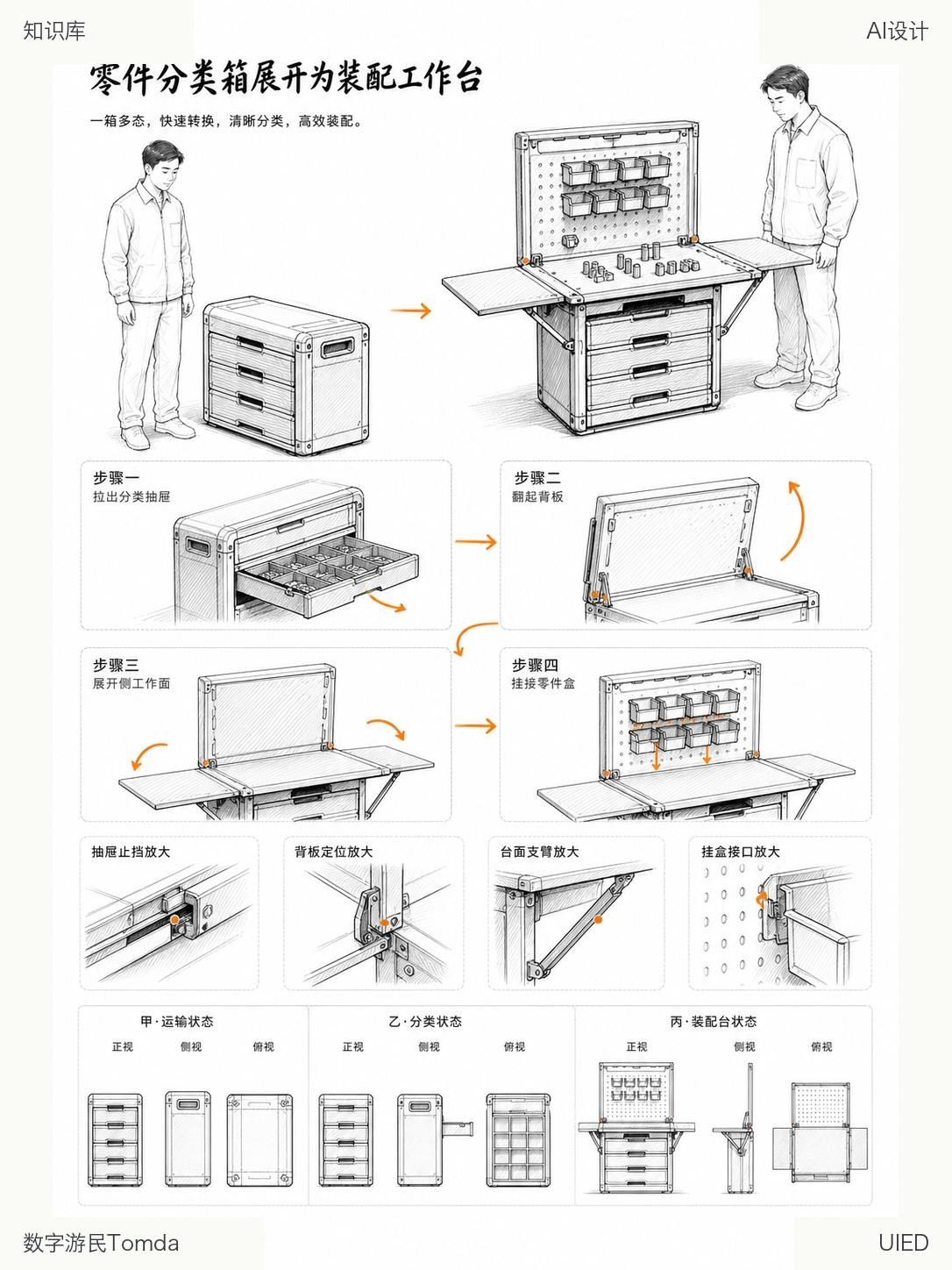 零件分类箱展开为装配工作台