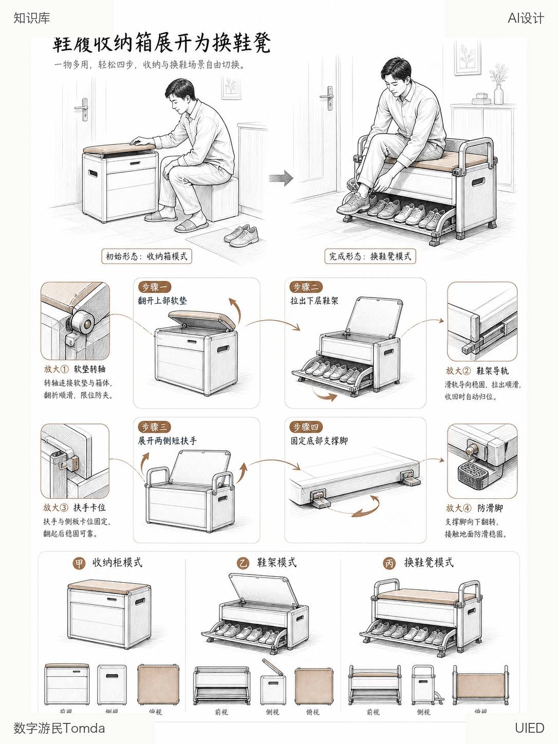 鞋履收纳箱展开为换鞋凳
