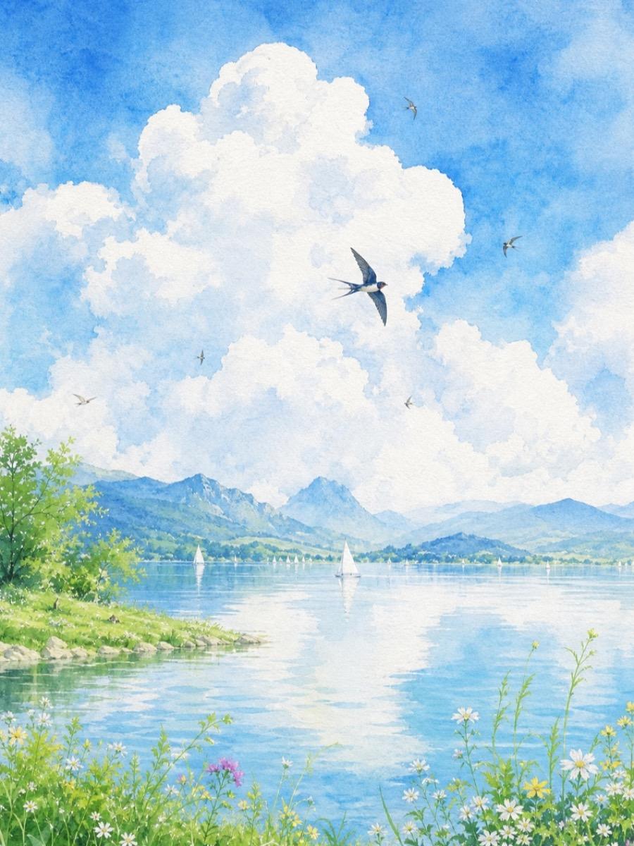 立夏湖畔晴云｜国风水彩节气海报