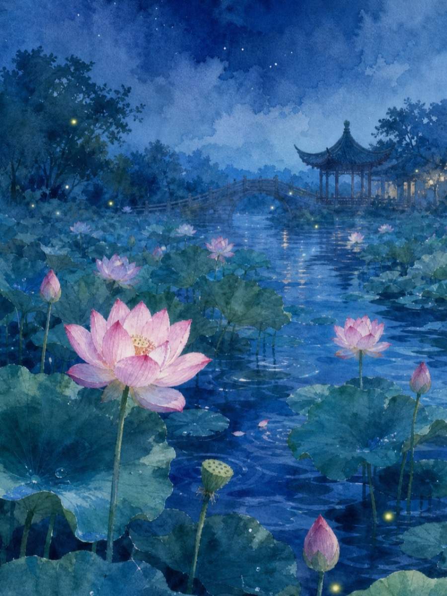 小暑荷塘萤光｜国风水彩节气海报