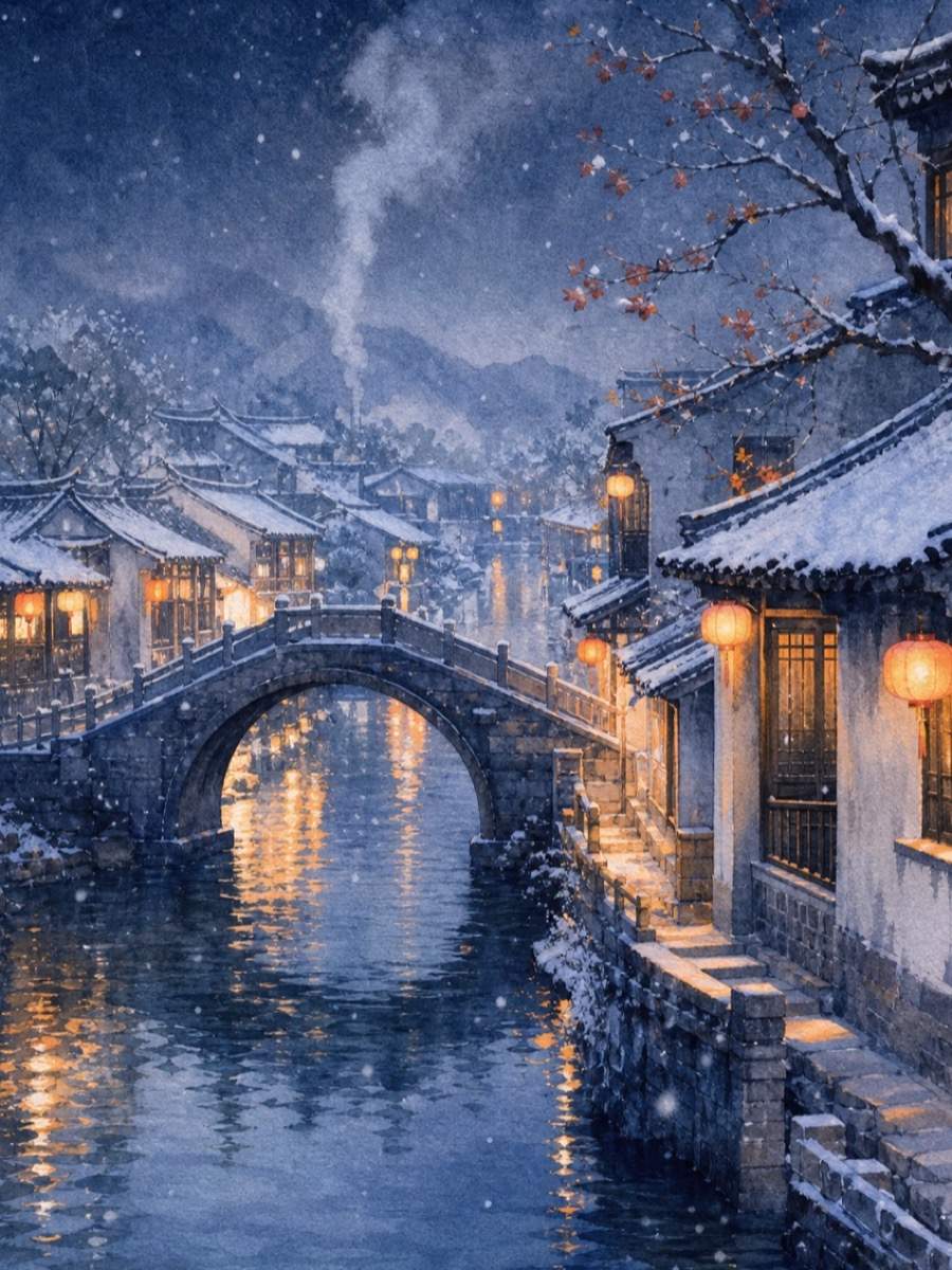 冬至古镇暖灯｜国风水彩节气海报