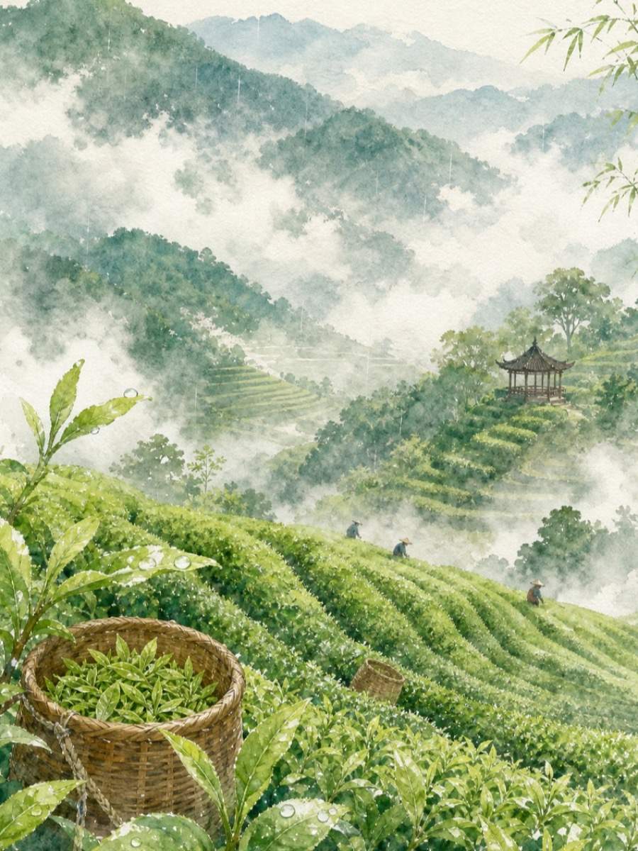 谷雨茶山新芽｜国风水彩节气海报