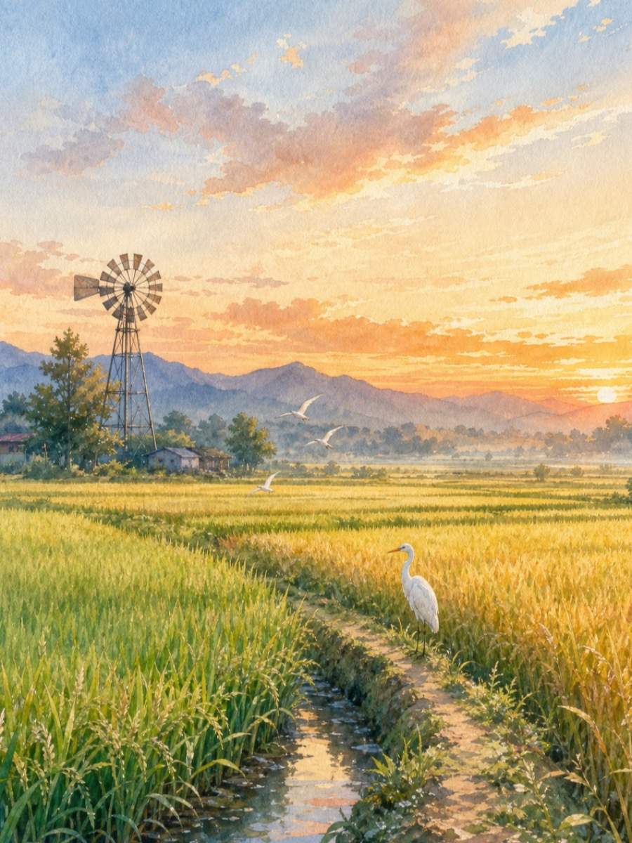 立秋稻田晚风｜国风水彩节气海报