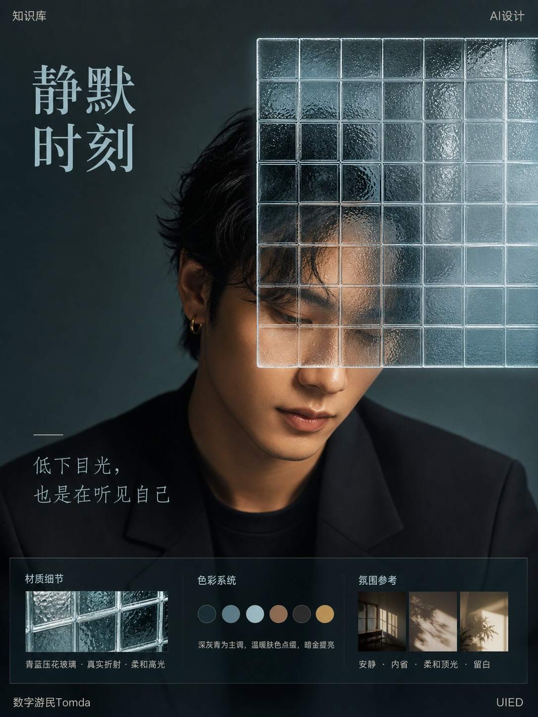 低头人物上方玻璃窗
