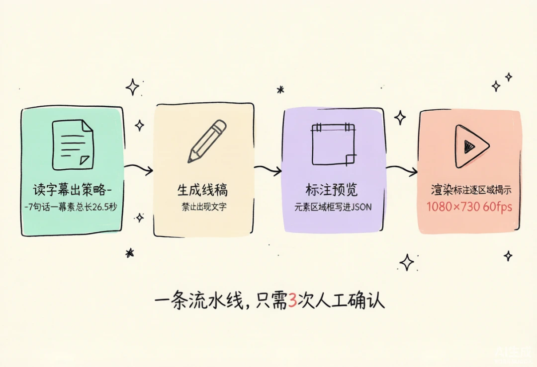 第二步 srt-whiteboard-animation：读字幕出策略 → 生成线稿 → 标注预览 → 渲染