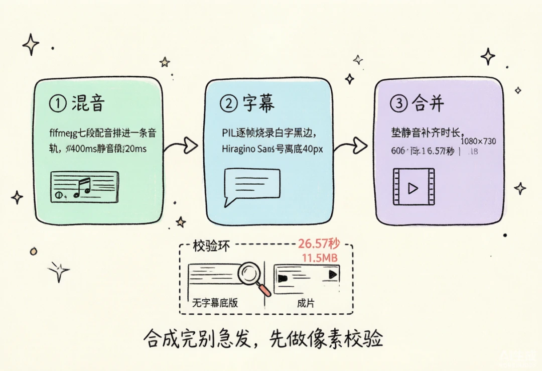 第三步 video-use 合成：混音 → 字幕烧录 → 合并 + 像素校验