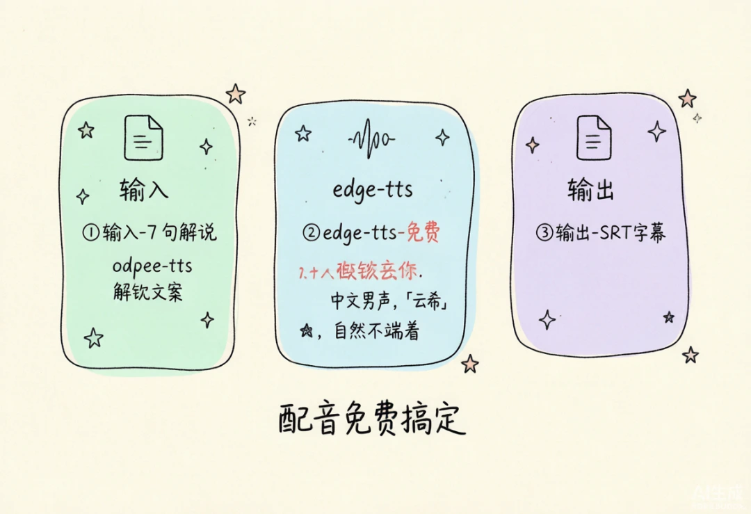第一步 edge-tts 配音：7 句文案 → 云希音色 → SRT 字幕