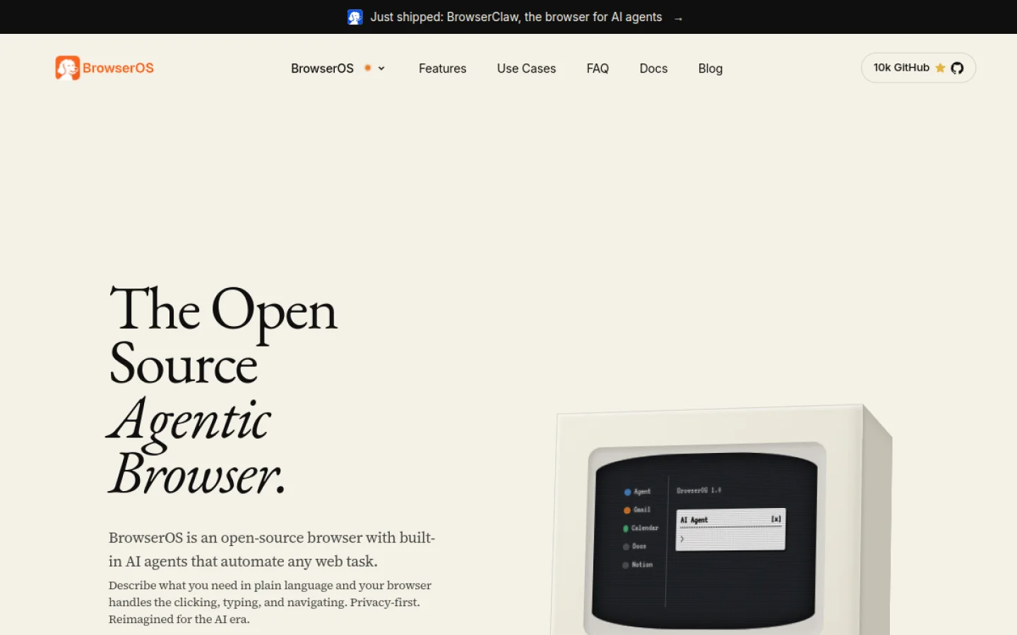 BrowserOS官网截图