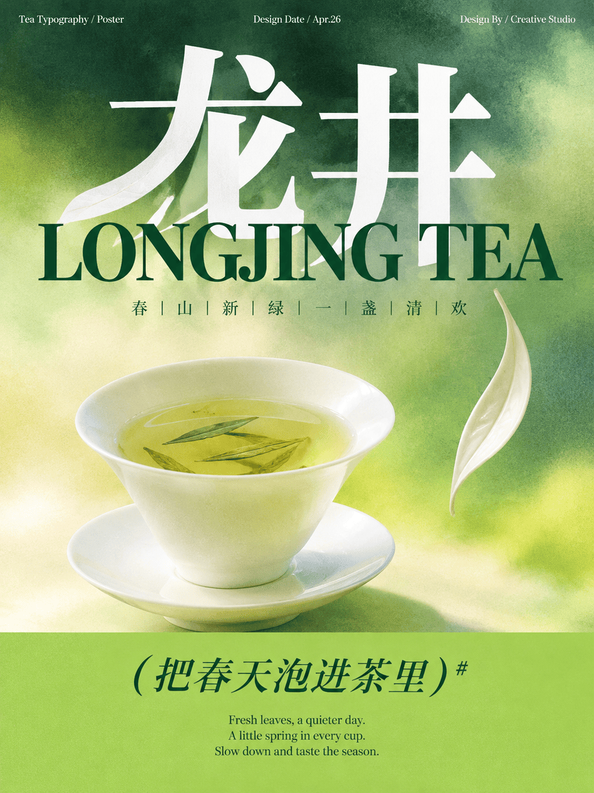 创作一张“明前龙井”主题的高级东方茶饮实