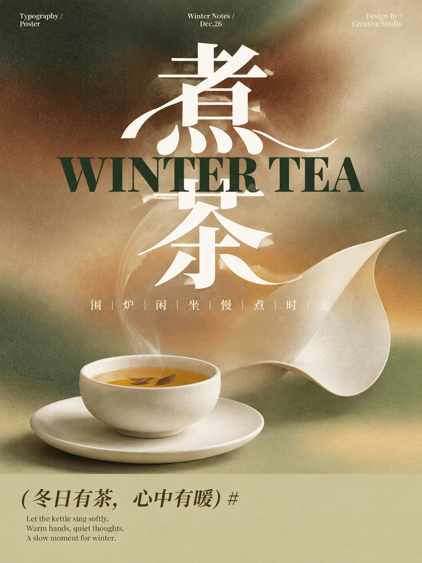 生成一张“冬日煮茶”主题的现代东方实验字