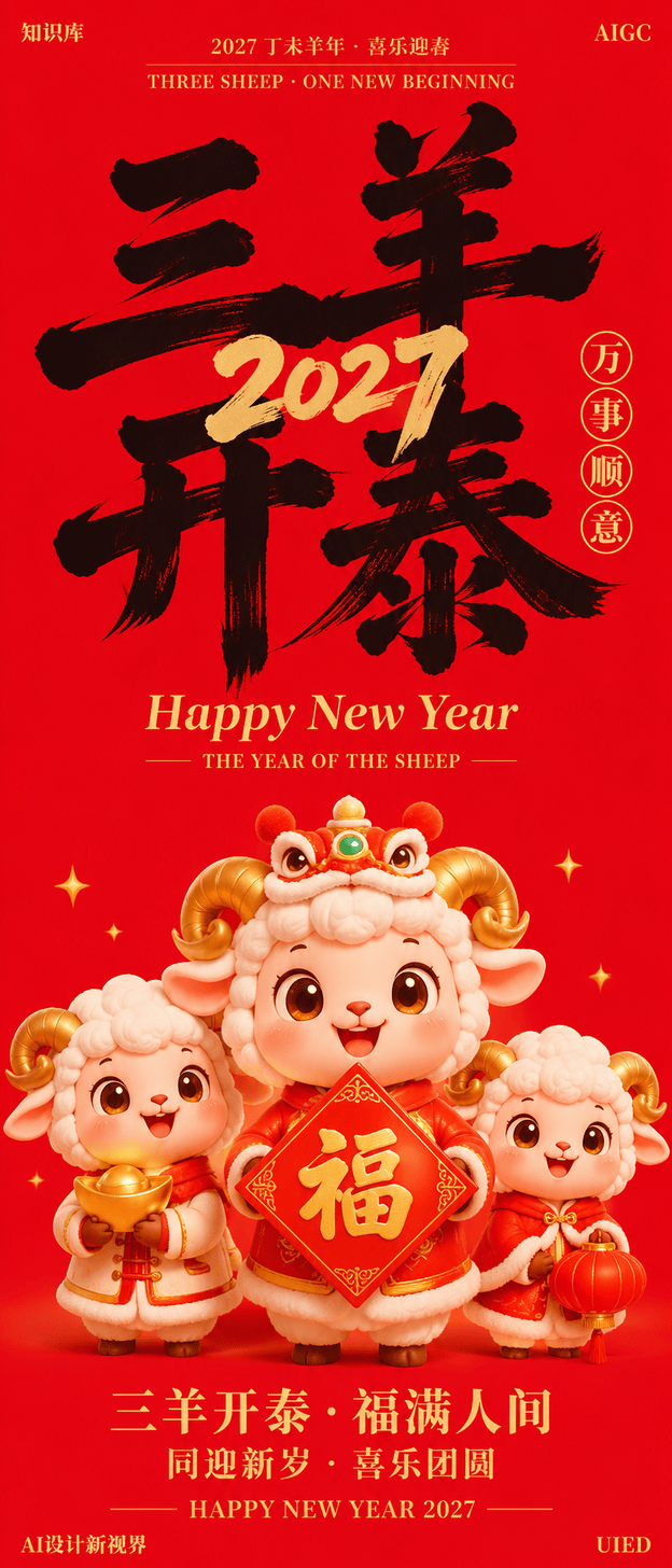 创作一张「三羊开泰」2027丁未羊年春节