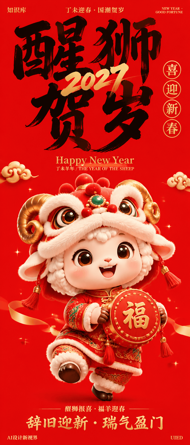 设计一张原创「醒狮贺岁」2027羊年中国