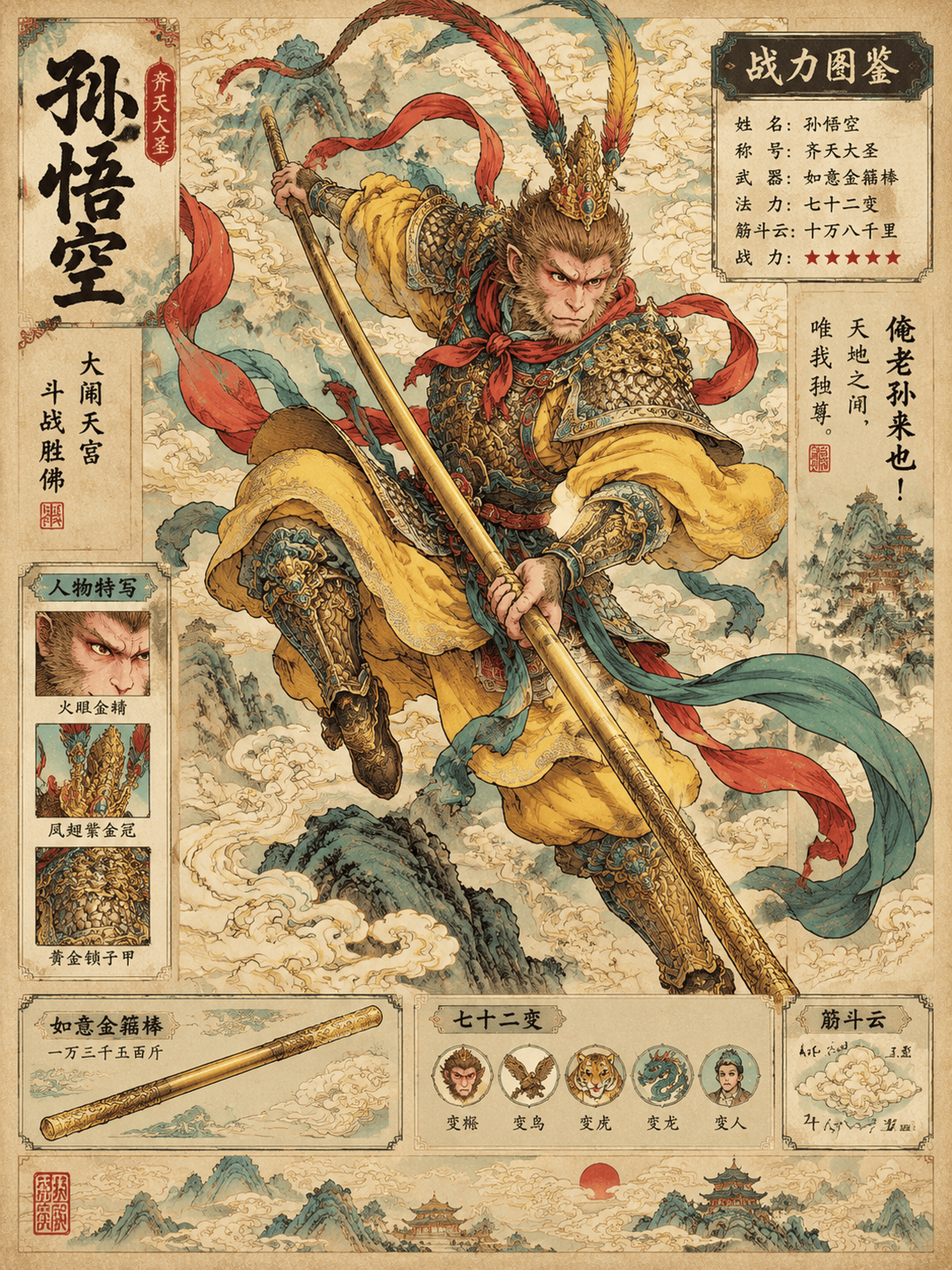 传统中国工笔重彩插画，孙悟空人设战力图鉴