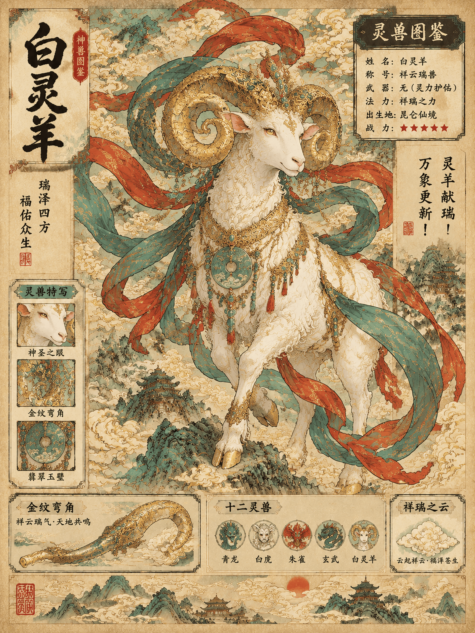 传统中国工笔重彩插画，敦煌壁画风格的神圣