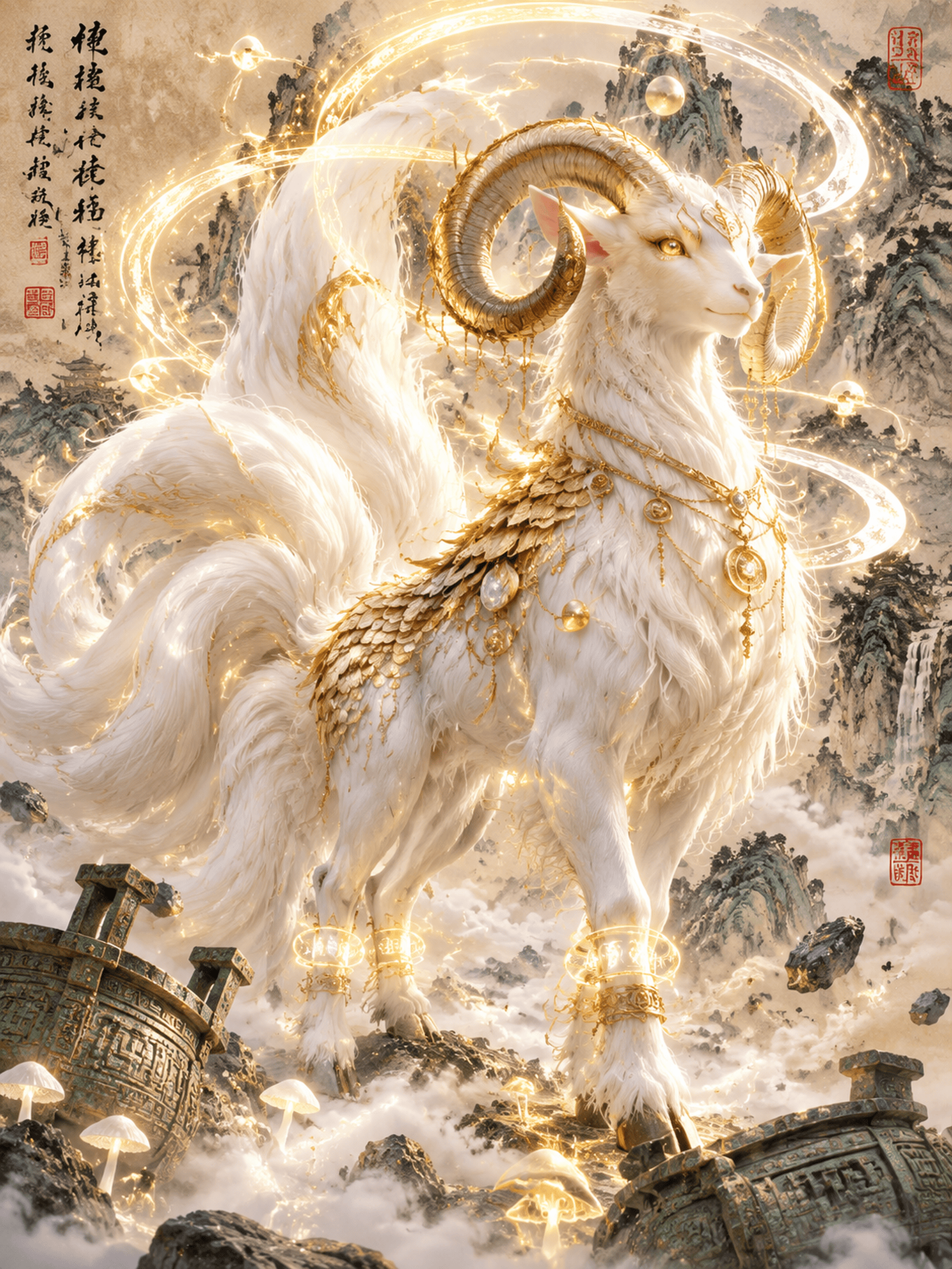 3D国风玄幻CG画风，一只高贵的神圣白羊