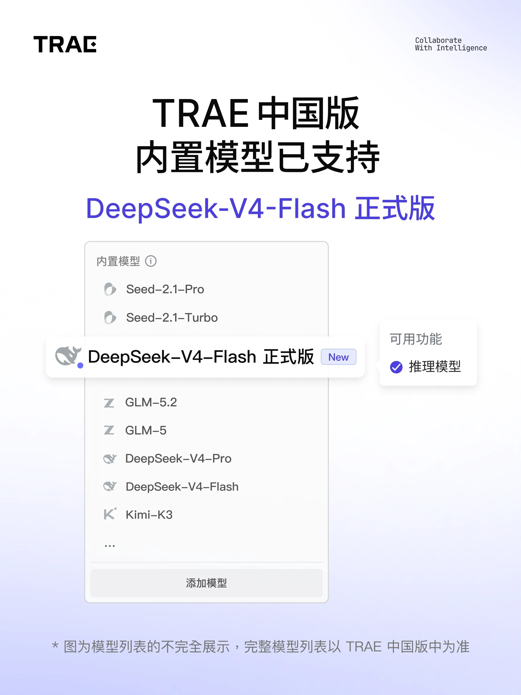 TRAE 中国版支持 DeepSeek-V4-Flash 正式版