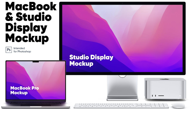 免费电脑样机苹果MacBook&Studio Display显示器样机 psd源文件插图