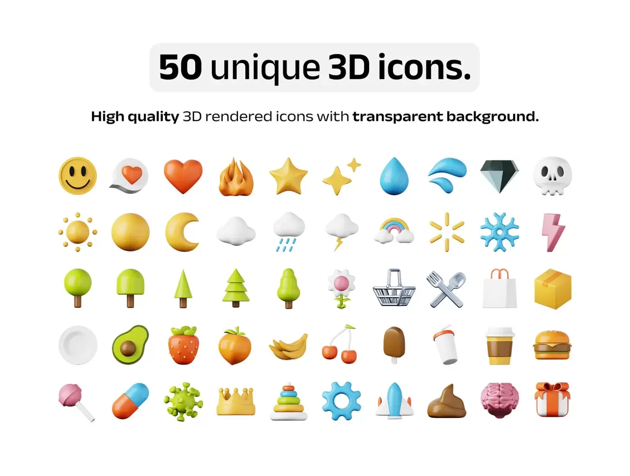 50款高质量表情天气食品3D图标模型素材