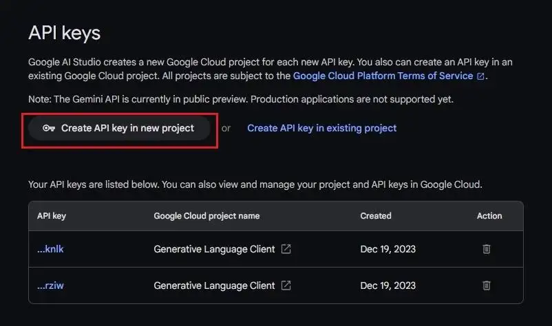 获取 Gemini Pro API 密钥 获取 Gemini Pro API 密钥