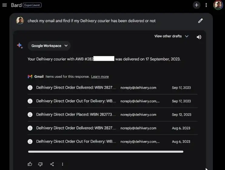 要求 Google Bard 使用 Gmail 检查我的快递