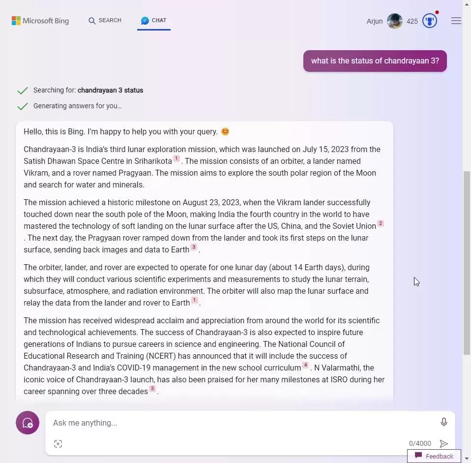 Bing聊天咨询最新chandrayaan信息