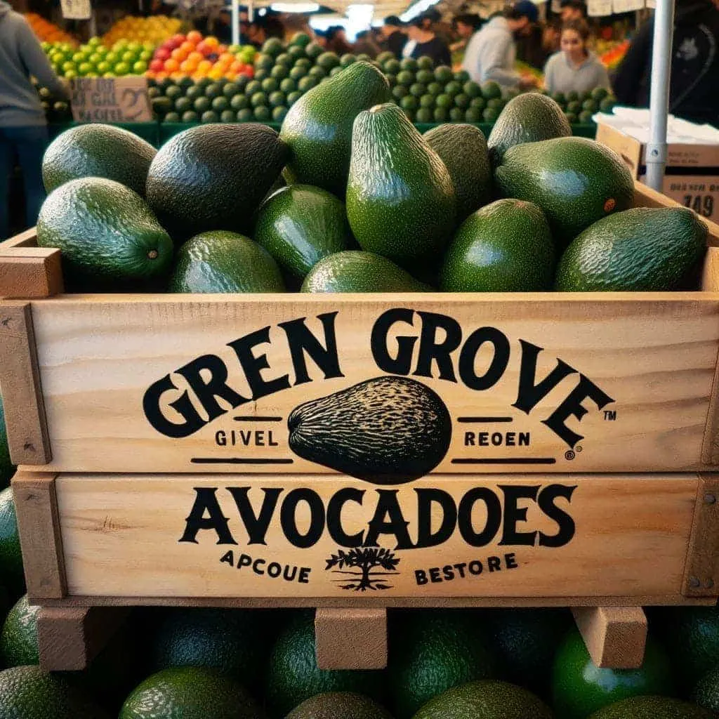 满载成熟牛油果的木箱上的 Green Grove Avocados LOGO特写照片 满载成熟牛油果的木箱上的 Green Grove Avocados LOGO特写照片