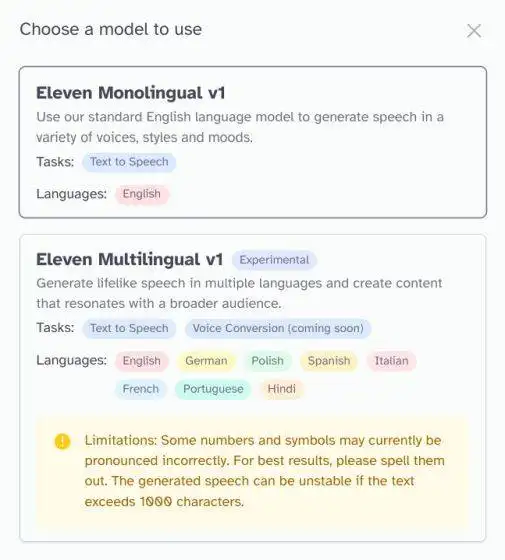 选择 "Eleven Monolingual v1"