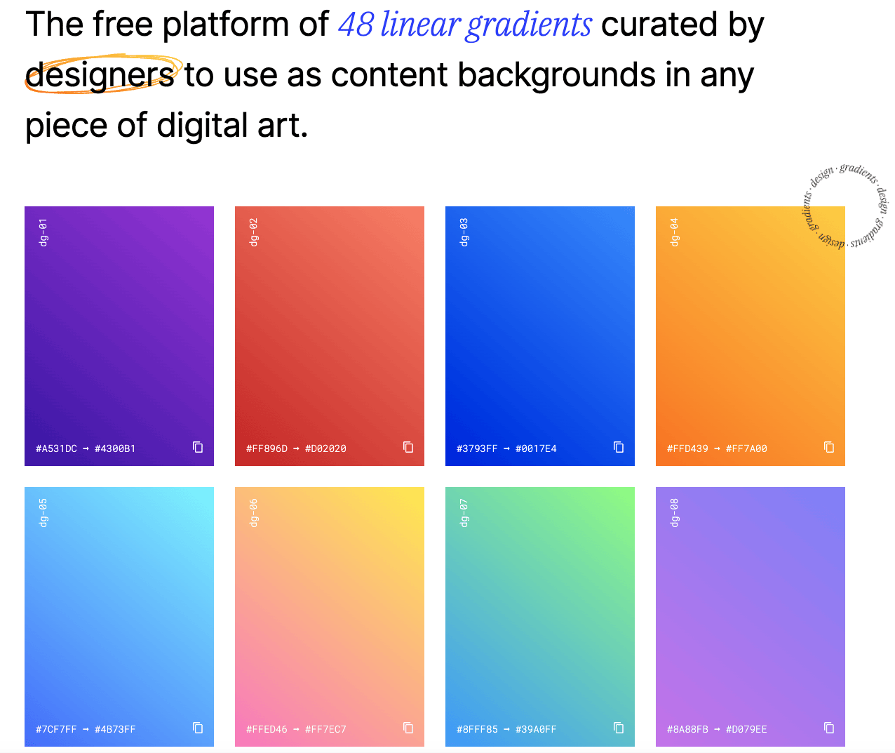 DesignGradients：设计师提供的48种线性渐变样式，优化数字艺术作品背景