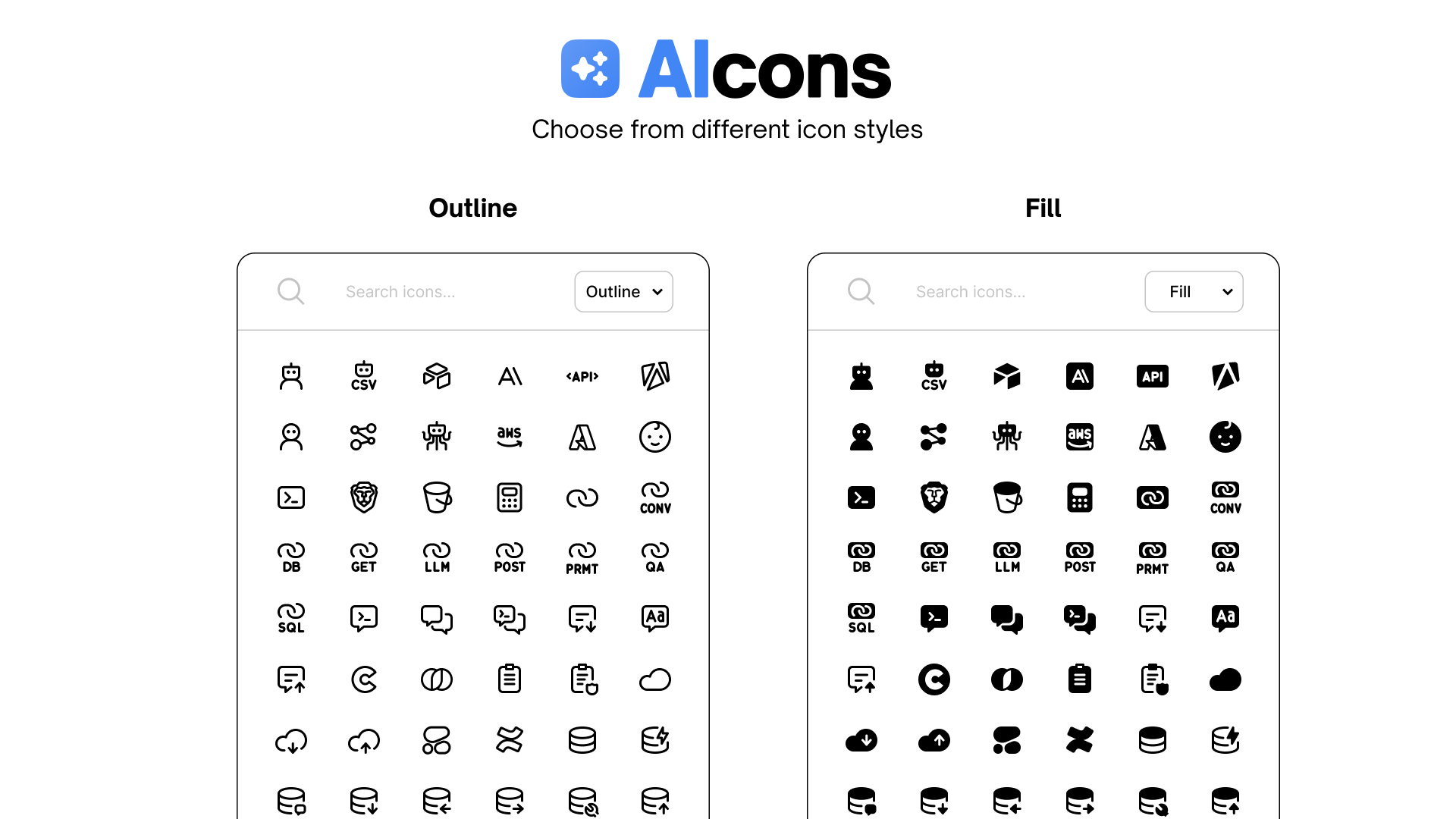 AIcons: 为AI产品定制的开源图标库，提供250+图标和多种风格插图