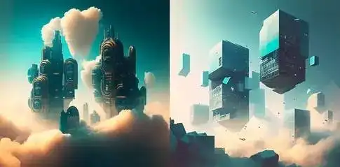 漂浮在空中的未来主义城市街区,蒸汽沉积法 漂浮在空中的未来主义城市街区,蒸汽沉积法