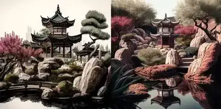 以岩石和宝塔为背景的中式花园 以岩石和宝塔为背景的中式花园