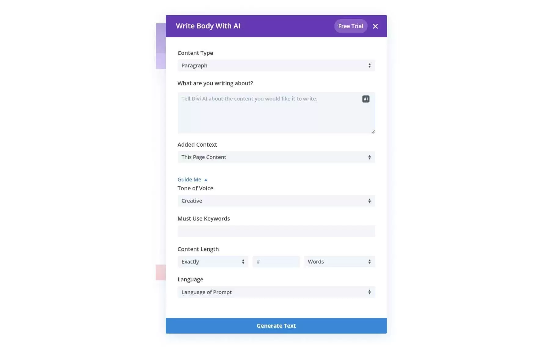 divi AI 图像生成器选项