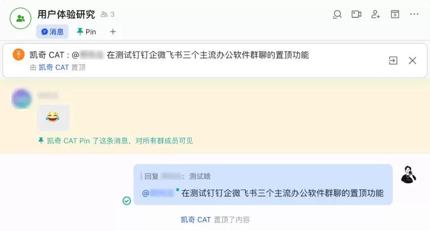 飞书的置顶与Pin在聊天窗口的样式