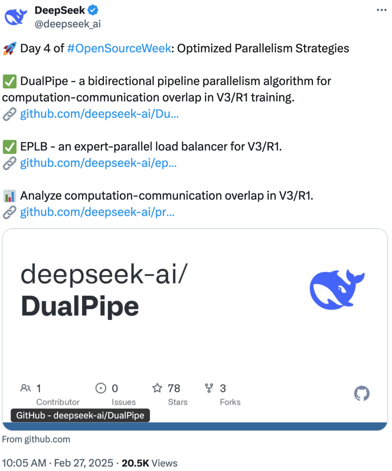 DeepSeek开源第四弹发布AI并行计算优化工具:DualPipe、EPLB与Profile-data助力大规模模型高效训练