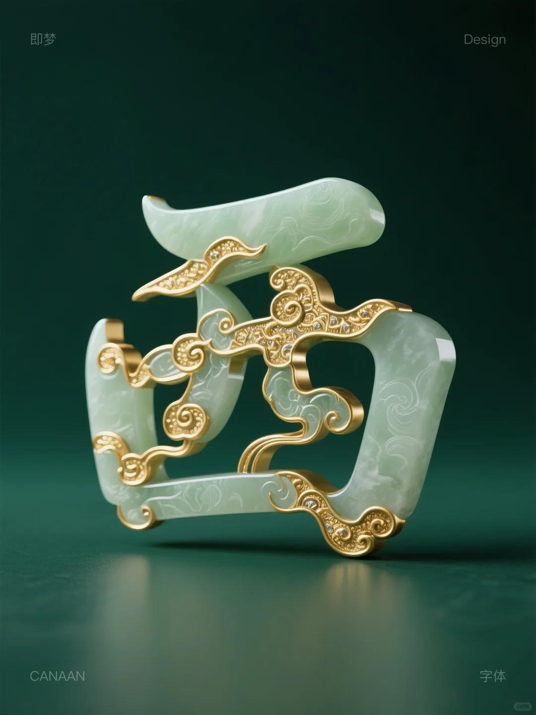 玉镶嵌黄金字体咒语｜AI生成字体