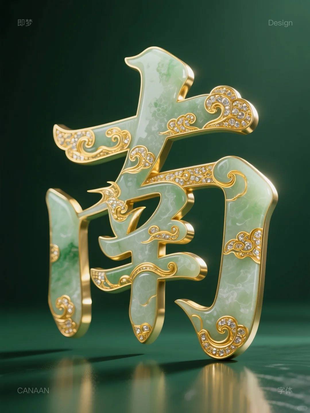 玉镶嵌黄金字体咒语｜AI生成字体