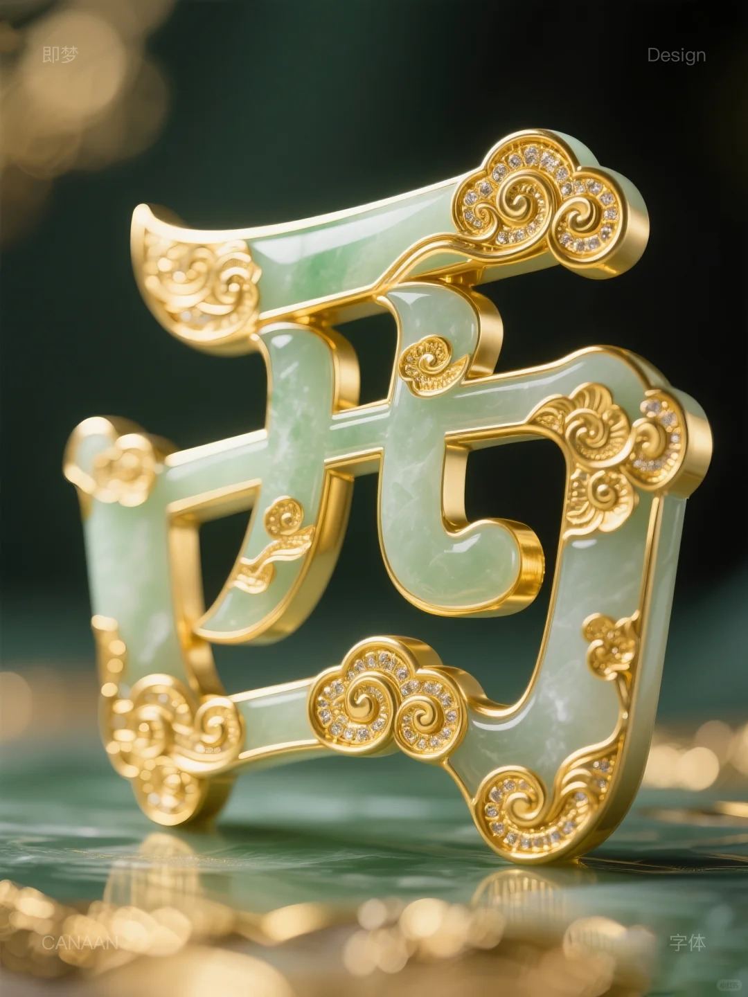 玉镶嵌黄金字体咒语｜AI生成字体