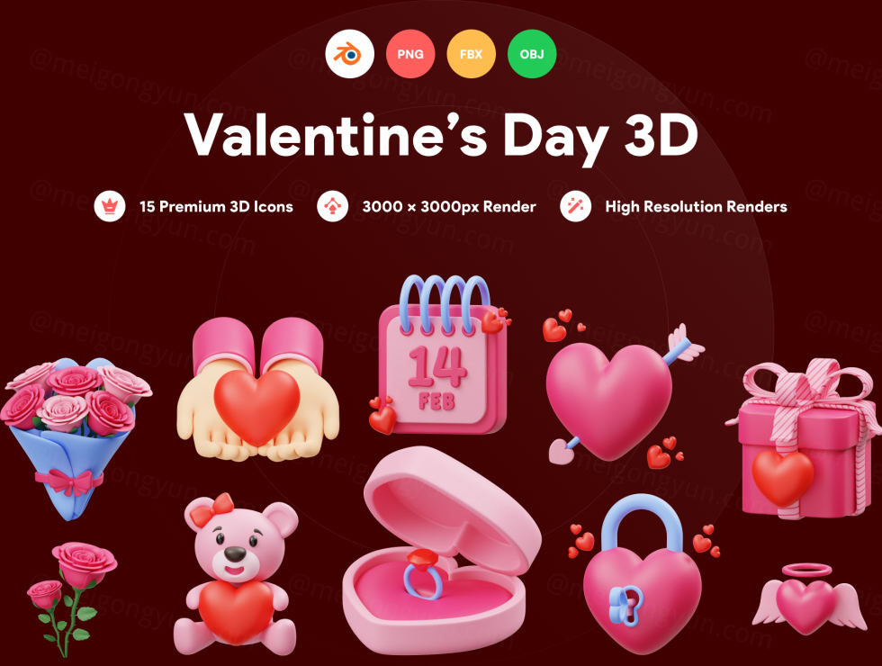 Blender高质量情人节七夕主题3D图标集大全下载