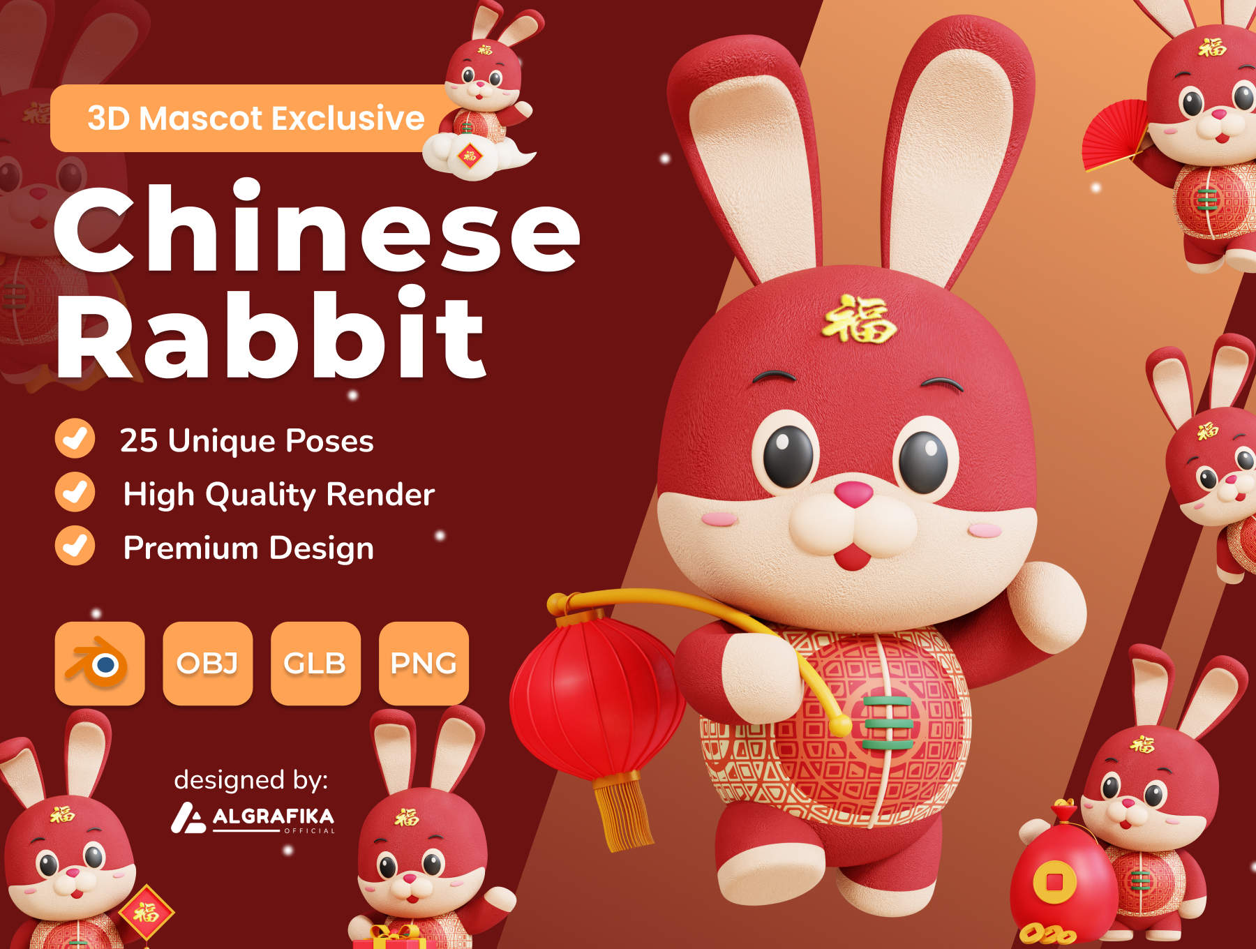 高端精致3D渲染中国农历新年传统卡通兔子插画图标素材大全
