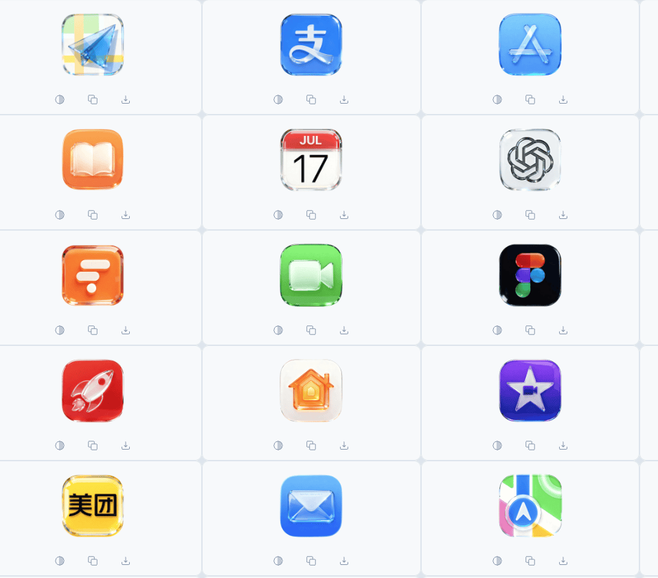 液态玻璃应用图标：AI 生成的 OS26 风格图标集，打造极致透明感桌面体验