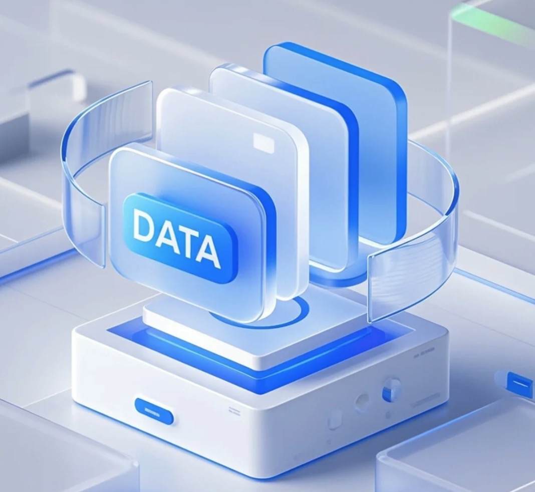 DATA图标，单元素，主色调蓝白，透明科技感，未来感，光滑透明材质，柔和光影，磨砂玻璃质感，简洁布局，等 ......