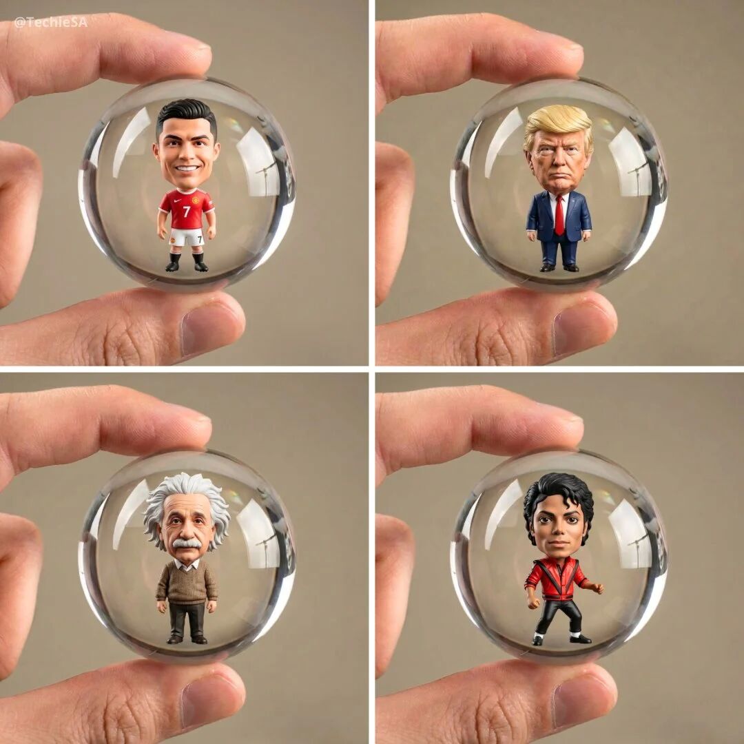Generate a portrait image of a detailed, transparent glass sphere/capsule held between two fingers against a neutral background. Inside the capsule is a miniature chibi version of [PERSON NAME] with realistic facial features but cute proportions - oversized head, small body. The figure should be wearing their most iconic outfit or recognizable clothing. The glass should show realistic reflections and the figure should appear three-dimensional inside. Photorealistic style with perfect lighting. 1080x1080 dimension.
