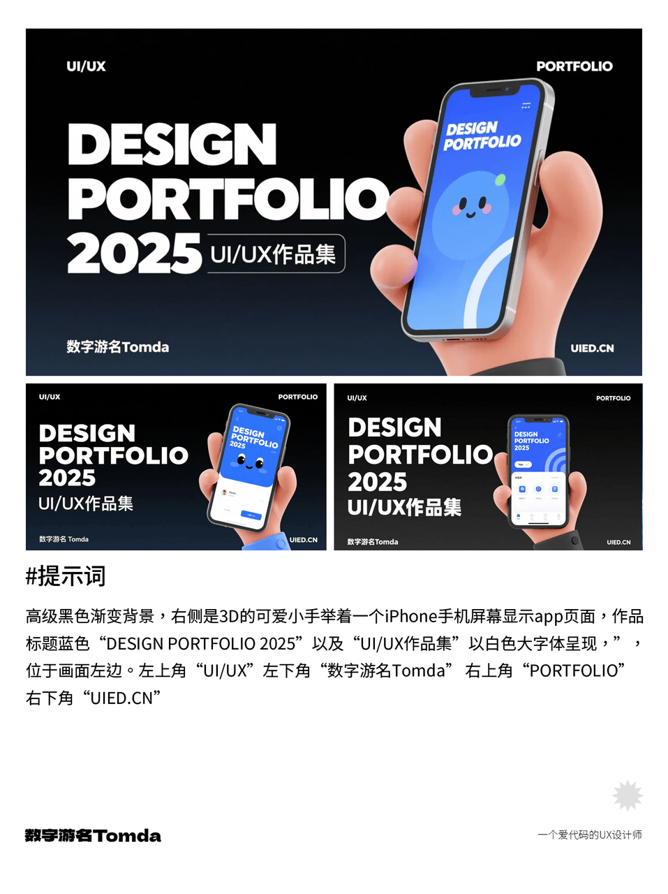 高级黑色渐变UI作品集封面提示词