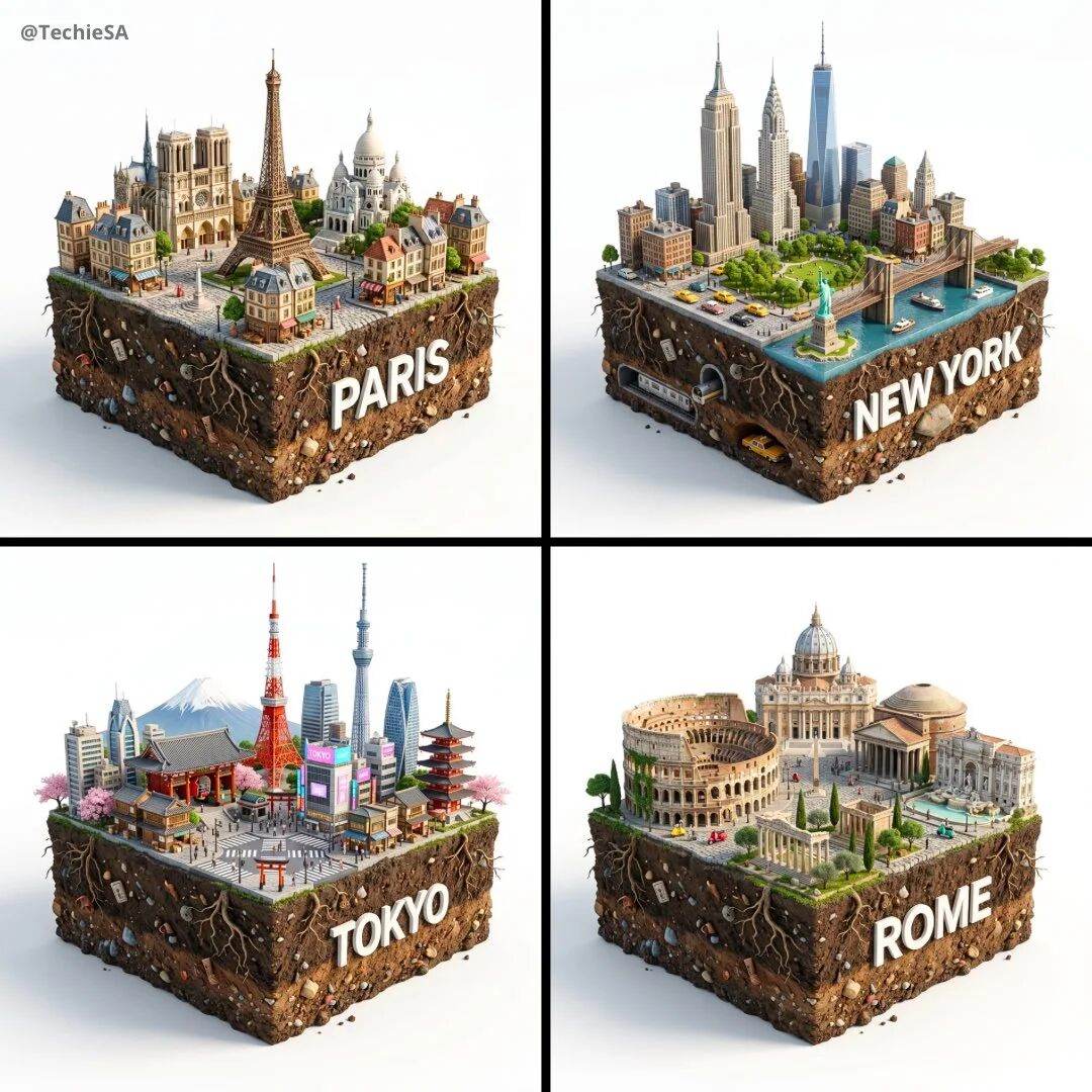 Hyper-realistic 3D square diorama of [CITY NAME], carved out with exposed soil cross-section beneath showing rocks, roots, and earth layers. Above: whimsical fairytale cityscape featuring iconic landmarks, architecture, and cultural elements of [CITY NAME]. Modern white “CITY NAME” label integrated naturally. Pure white studio background with soft natural lighting. DSLR photograph quality - crisp, vibrant, magical realism style. 1080x1080 dimensions.