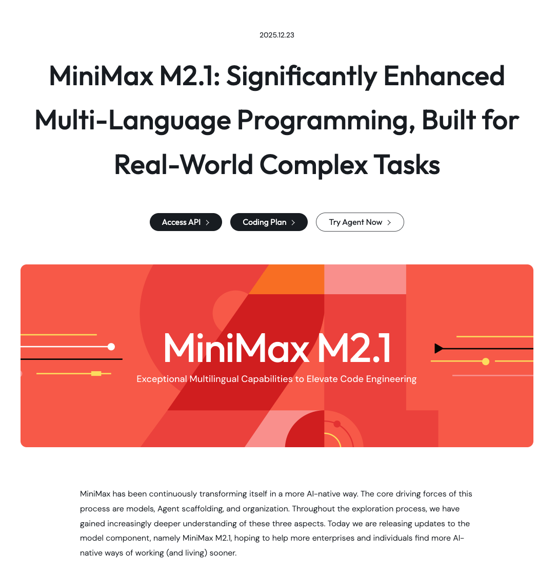 MiniMax Agent平台发布MiniMax M2.1开源代理模型！多语言支持与卓越性能表现