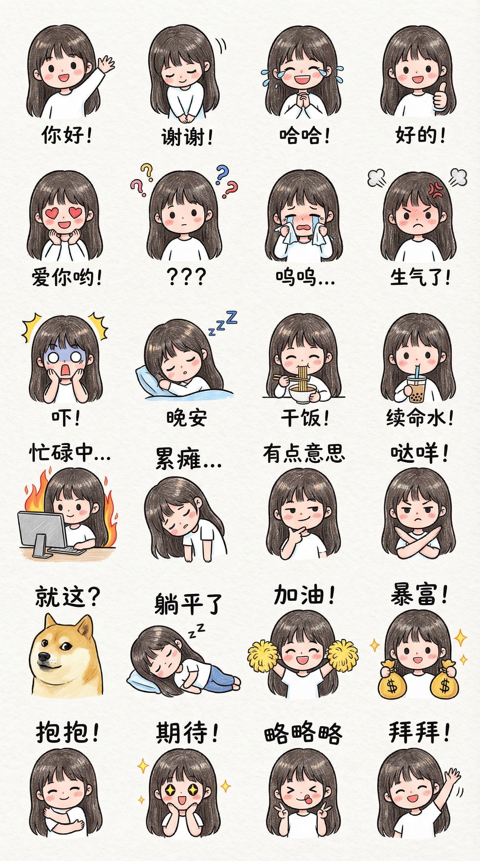 彩色手绘风格24种表情包风格AI提示词