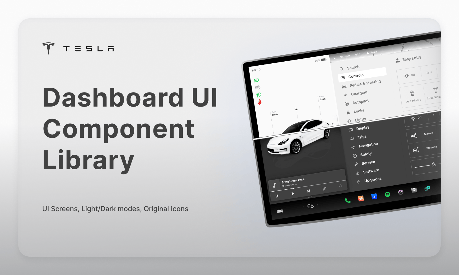 特斯拉仪表盘 UI 组件库Model 3 风格菜单、音乐栏、键盘与行程导航全套设计资源