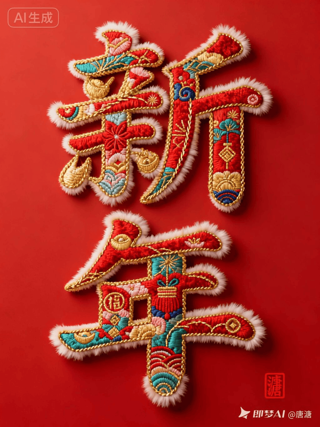 红金绒毛绣纹新年立体书法字AI提示词